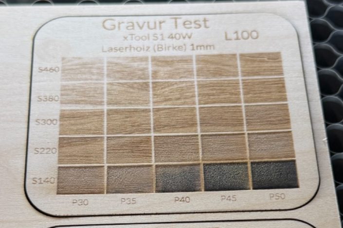 Gravurtest mit unterschiedlichen Parametern
