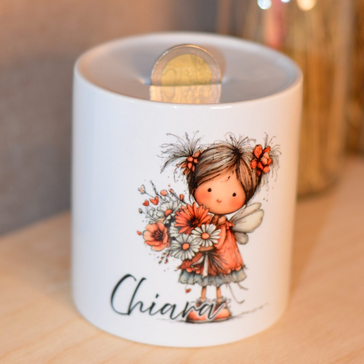 Keramikdose mit Blumenmädchen-Motiv, sublimiert