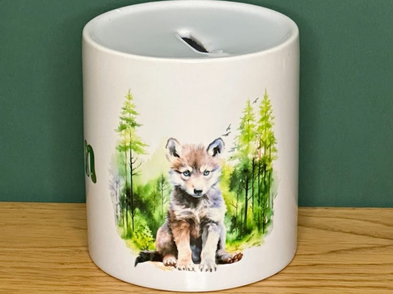 Keramikspardose mit Wolf Motiv
